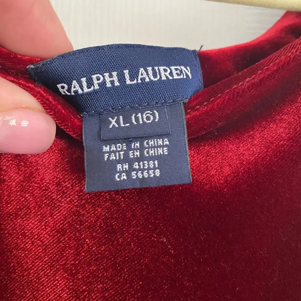 Ralph Lauren Girls Deep Red Velvet Dress Size XL 16